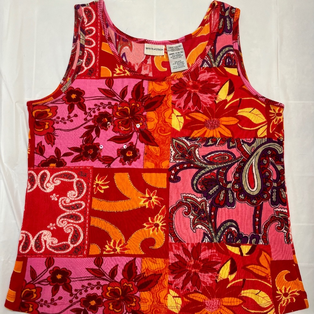 White Stag Colorful Ribbed Patchwork Tank Top Beaded Sequins Paisley Pink Large